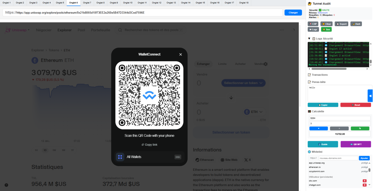 “Interface du Tunnel Web3 : navigation sécurisée, logs en temps réel et multi-onglets”
